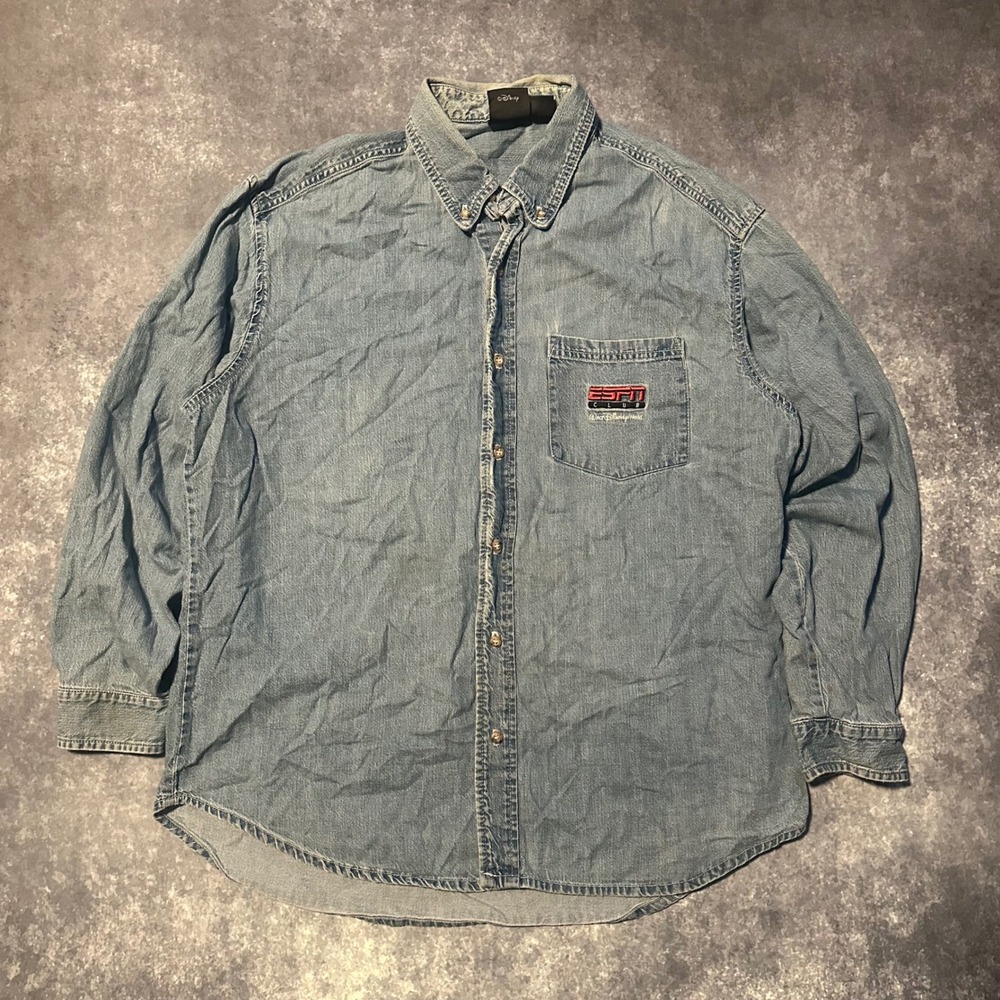Vintage Disney Sports ESPN Club Denim Button Up Shirt Men's Long‎ Sleeve Blue XL